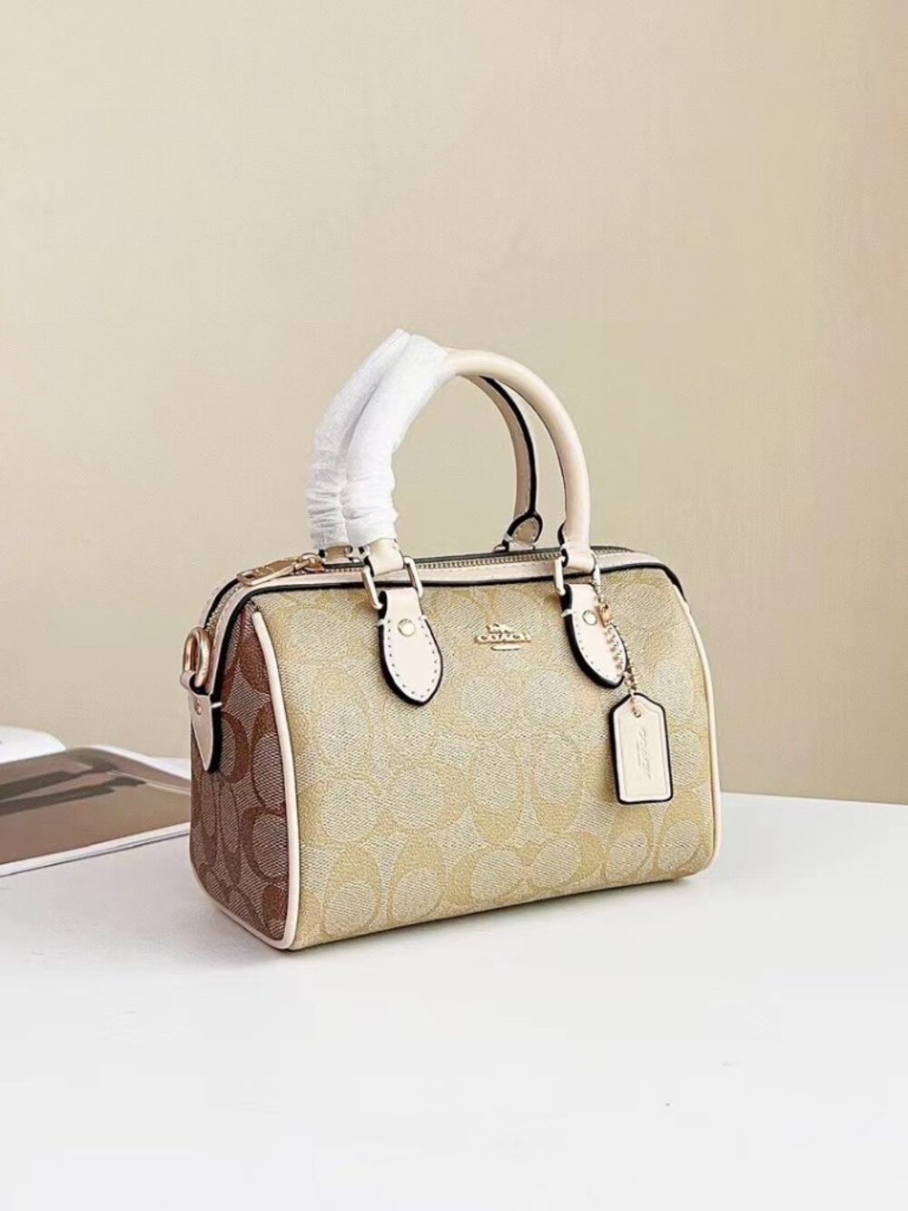 ✨Coach Mini Rowan Satchel Khaki Signature C Canvas Chalk Trim Crossbody Bag